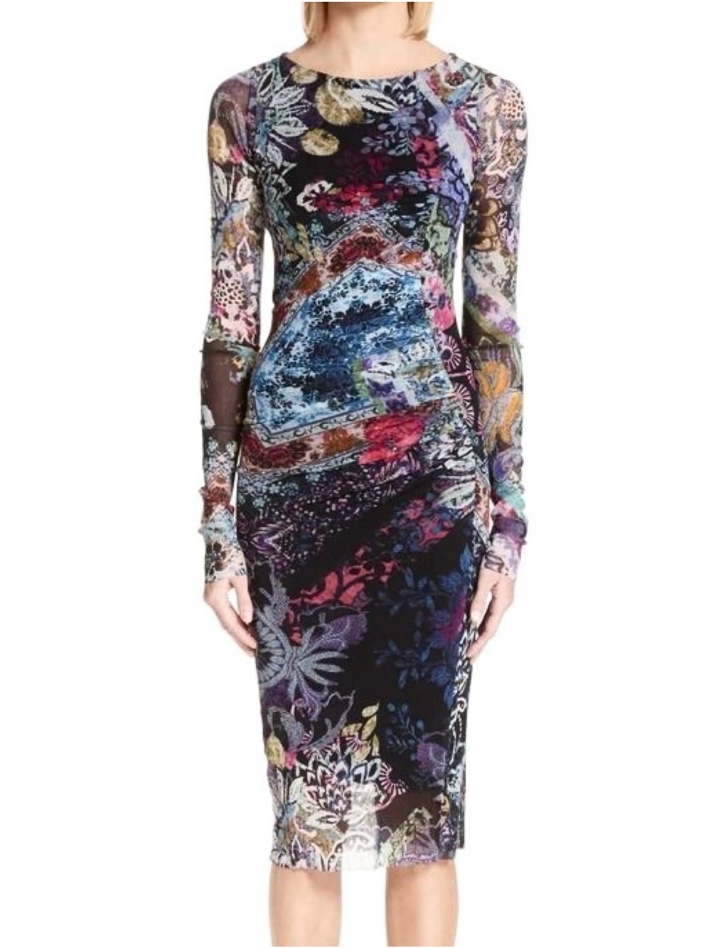 Fuzzi Womens Large Collage Multicolor Mesh Ruched Long Sleeve Midi Dress